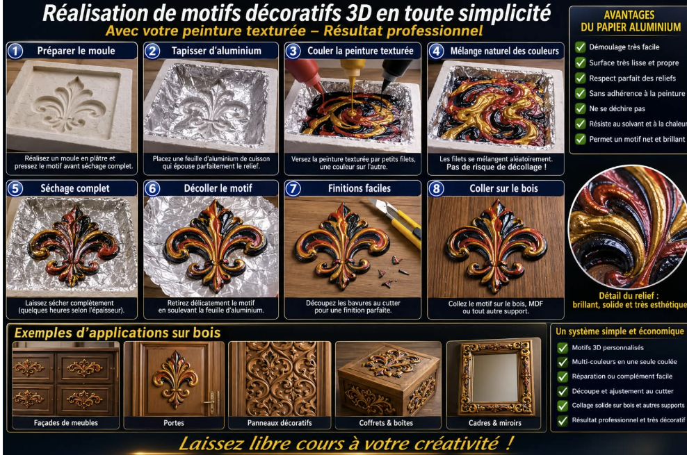 Étapes de réalisation de motifs décoratifs 3D avec peinture texturée